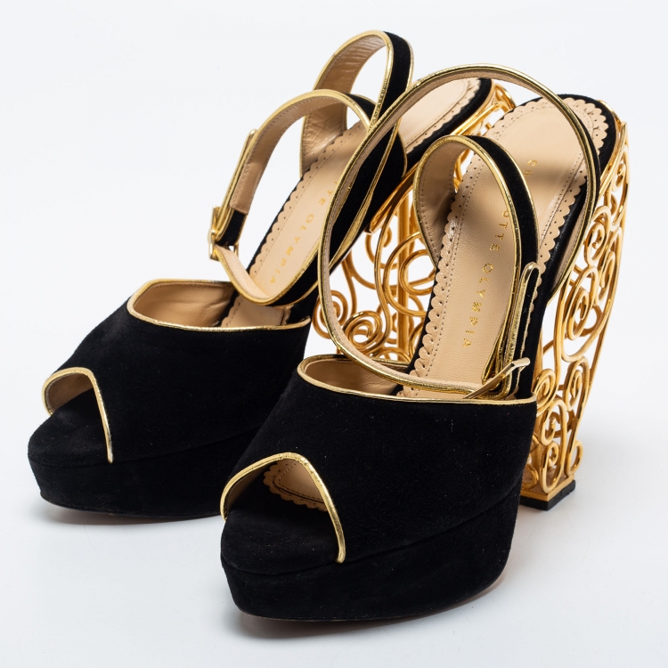 Pre Owned Charlotte Olympia Black Suede Peep Toe  Ankle Strap Sandals Size 39