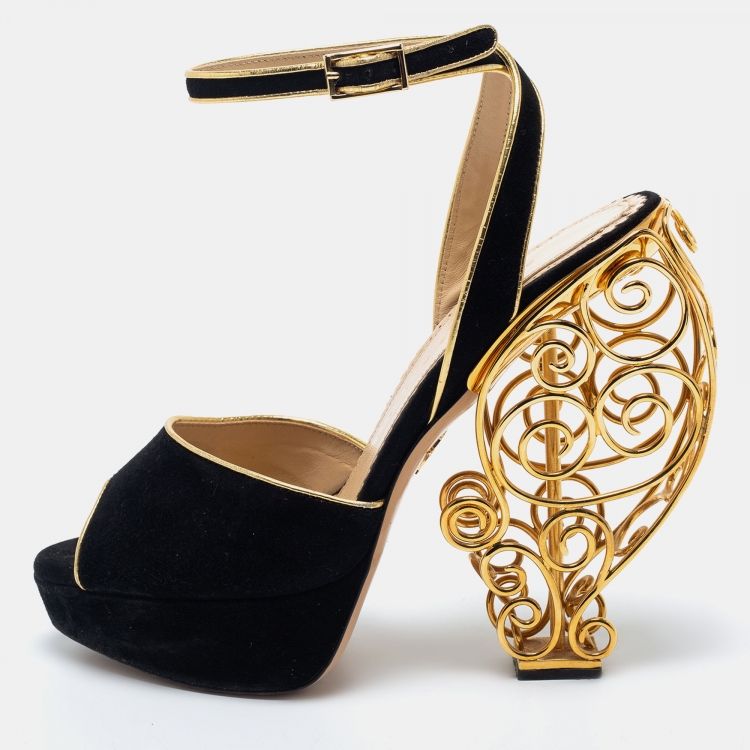 Pre Owned Charlotte Olympia Black Suede Peep Toe  Ankle Strap Sandals Size 39