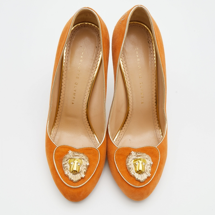 Pre Owned Charlotte Olympia Orange Suede Embellished Pumps Size 40