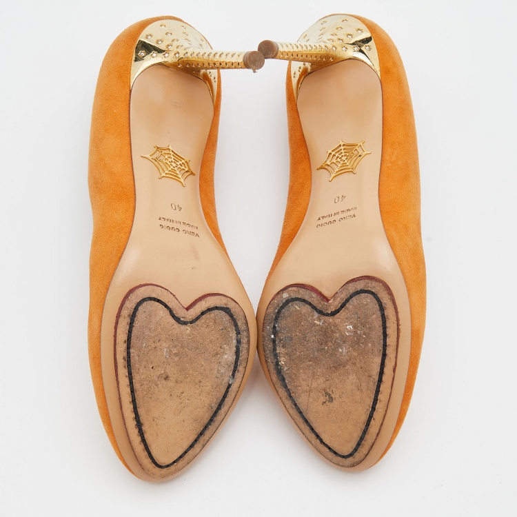 Pre Owned Charlotte Olympia Orange Suede Embellished Pumps Size 40