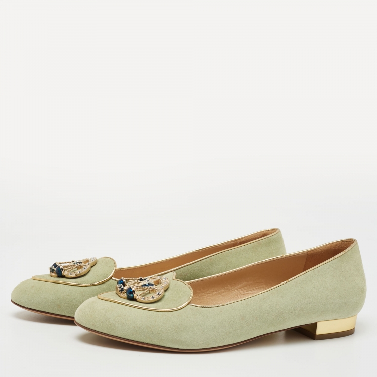 Pre Owned Charlotte Olympia Mint Green Suede Gemini Smoking Slippers Size 40