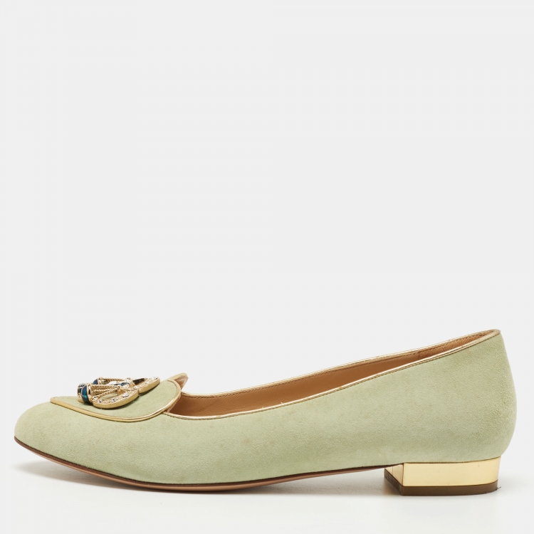Pre Owned Charlotte Olympia Mint Green Suede Gemini Smoking Slippers Size 40