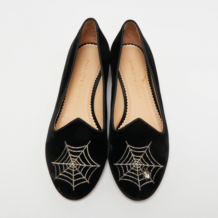Pre Owned Charlotte Olympia Black Velvet Web Smoking Slippers Size 40