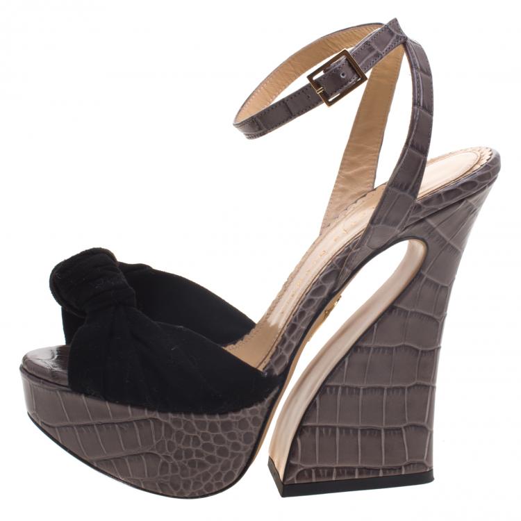 Pre Owned Charlotte Olympia Grey Croc Embossed Leather And Suede Vreeland Ankle Strap Platform Sandals Size 36