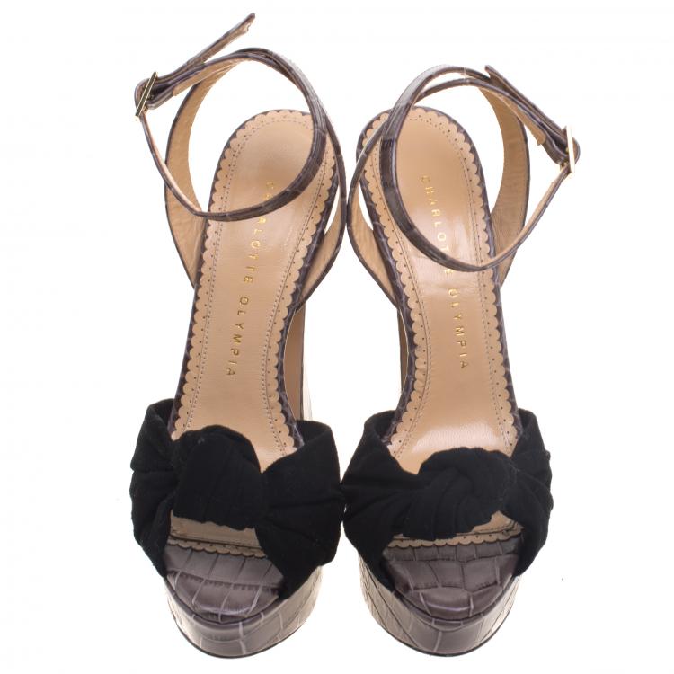 Pre Owned Charlotte Olympia Grey Croc Embossed Leather And Suede Vreeland Ankle Strap Platform Sandals Size 36