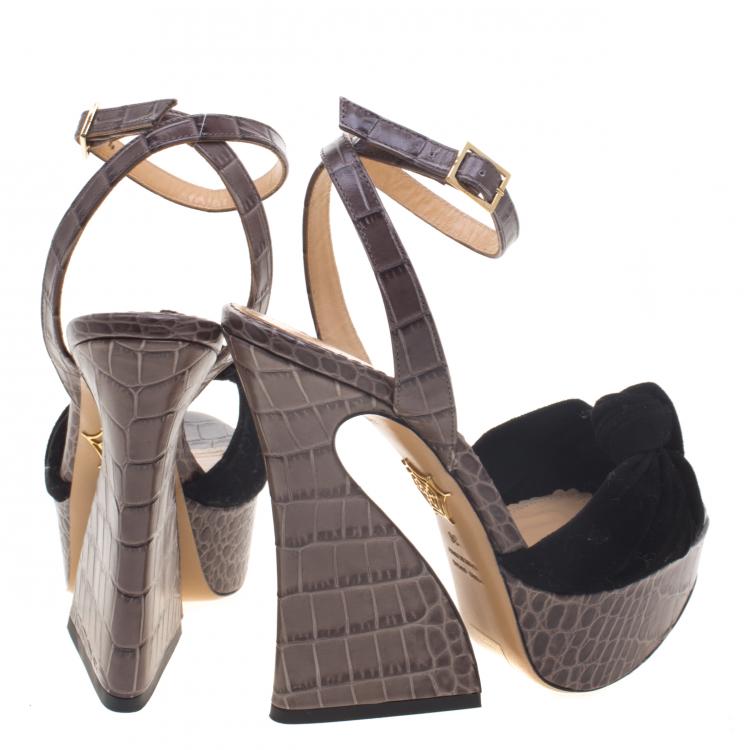Pre Owned Charlotte Olympia Grey Croc Embossed Leather And Suede Vreeland Ankle Strap Platform Sandals Size 36