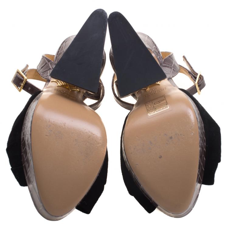 Pre Owned Charlotte Olympia Grey Croc Embossed Leather And Suede Vreeland Ankle Strap Platform Sandals Size 36
