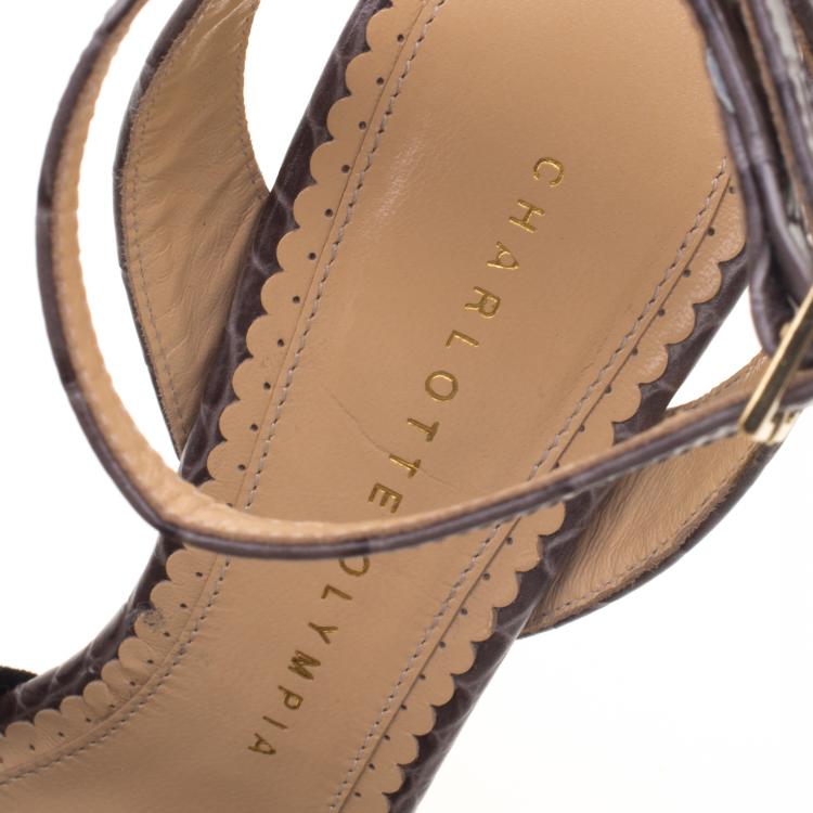 Pre Owned Charlotte Olympia Grey Croc Embossed Leather And Suede Vreeland Ankle Strap Platform Sandals Size 36