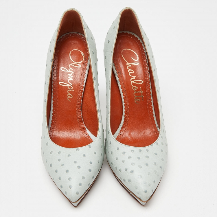 Pre Owned Charlotte Olympia Light Blue Ostrich Embossed Leather Dolly Pointed Toe Pumps Size 37