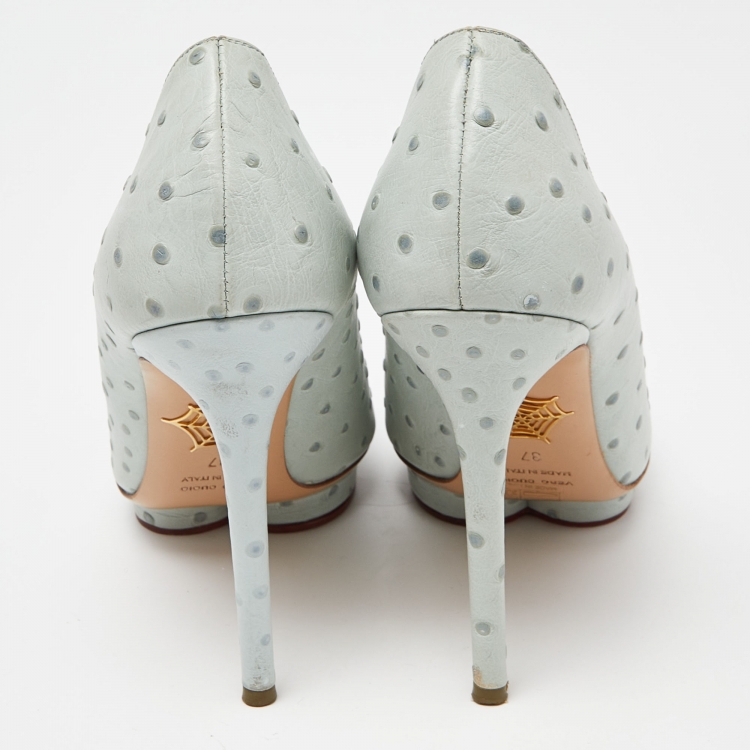 Pre Owned Charlotte Olympia Light Blue Ostrich Embossed Leather Dolly Pointed Toe Pumps Size 37