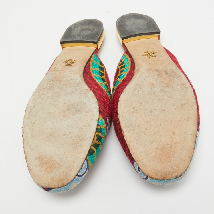 Pre Owned Charlotte Olympia Multicolor Embroidered Canvas Flat Mules Size 41