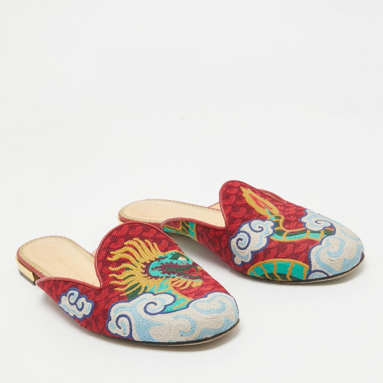 Pre Owned Charlotte Olympia Multicolor Embroidered Canvas Flat Mules Size 41