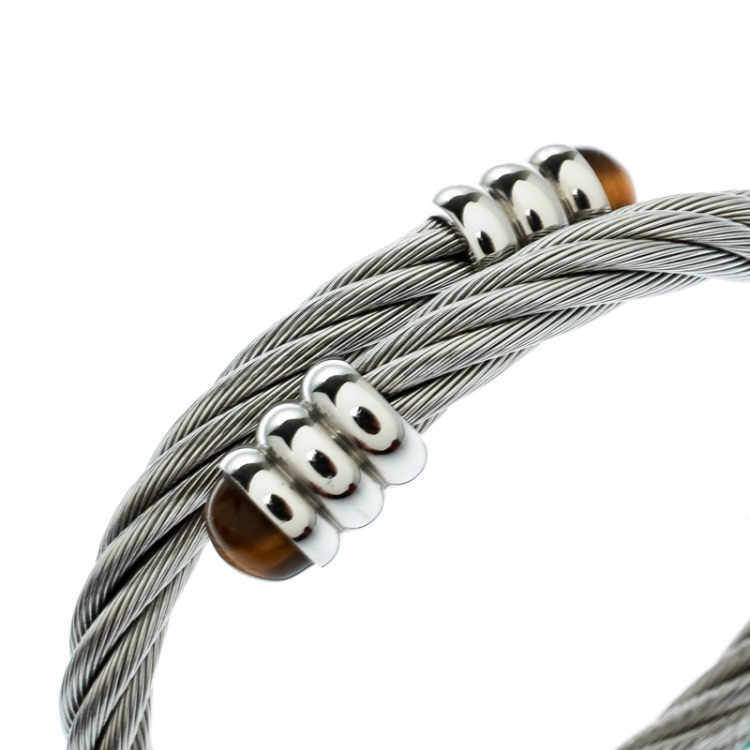 Pre Owned Charriol Celtic Tiger's Eye Twisted Cable Stainless Steel Adjustable Bracelet