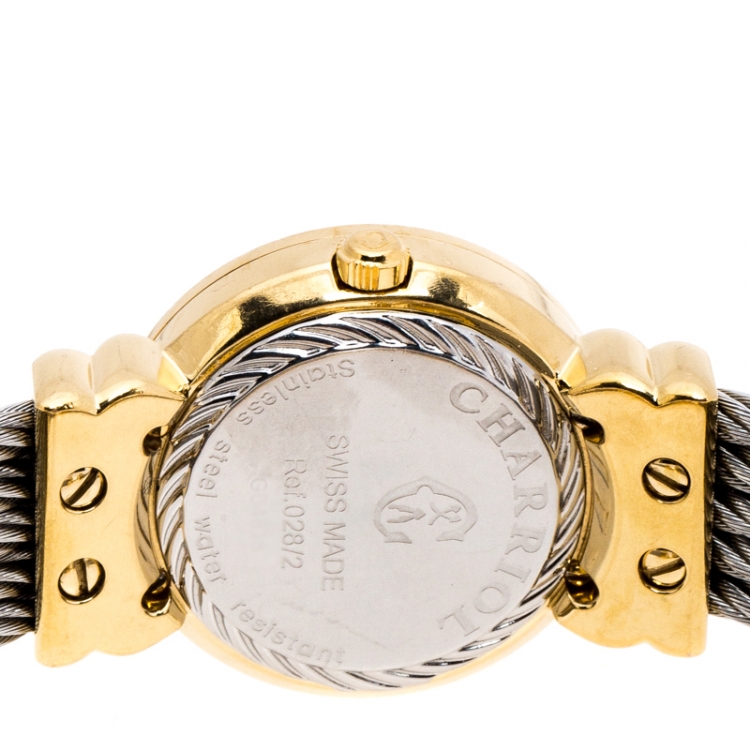 Pre Owned Charriol White Mother of Pearl Stainless Steel Gold Plated St-Tropez Ref.028/2 Women's Wristwatch 24.50 mm