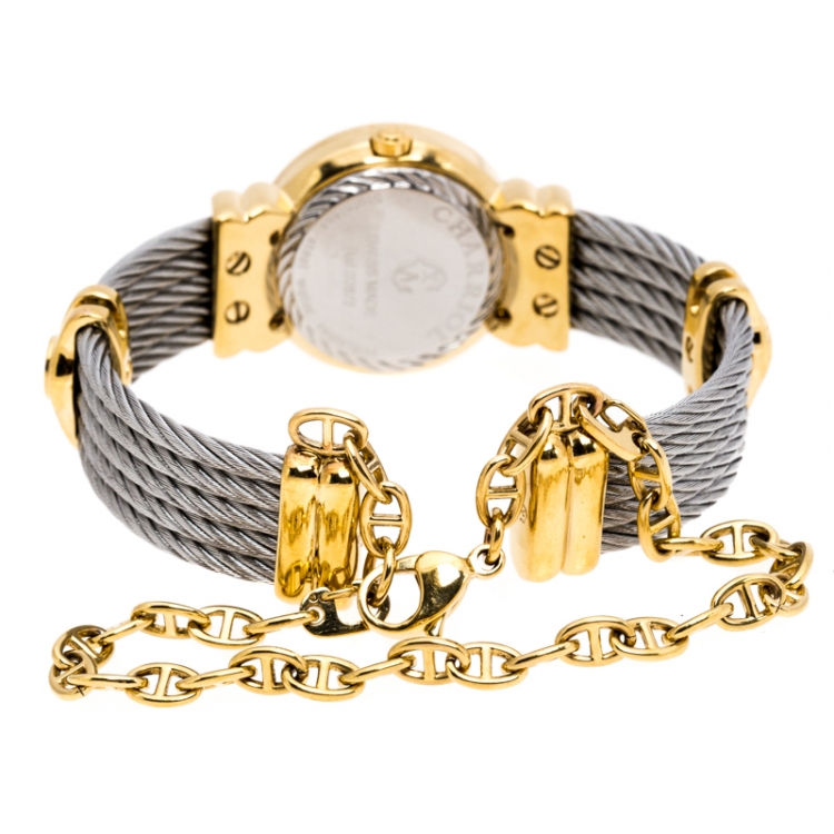 Pre Owned Charriol White Mother of Pearl Stainless Steel Gold Plated St-Tropez Ref.028/2 Women's Wristwatch 24.50 mm