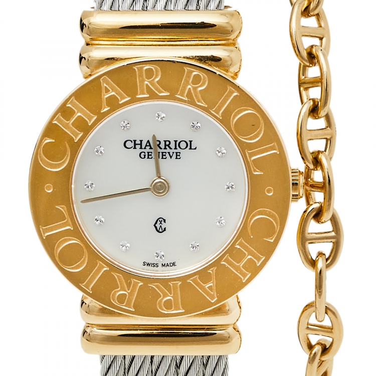 Pre Owned Charriol Mother Of Pearl Yellow Gold Plated Stainless Steel St-Tropez Ref.028/2 Women's Wristwatch 24.50 mm