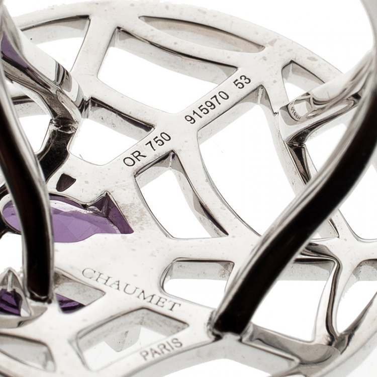 Pre Owned Chaumet Catch Me If You Love Me Amethyst Diamond 18k White Gold Cocktail Ring Size 53