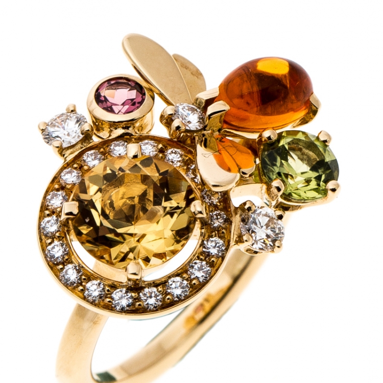 Pre Owned Chaumet Attrape Moi Multicolor Gemstones & Diamond 18k Yellow Gold Ring Size 50