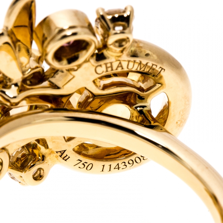 Pre Owned Chaumet Attrape Moi Multicolor Gemstones & Diamond 18k Yellow Gold Ring Size 50