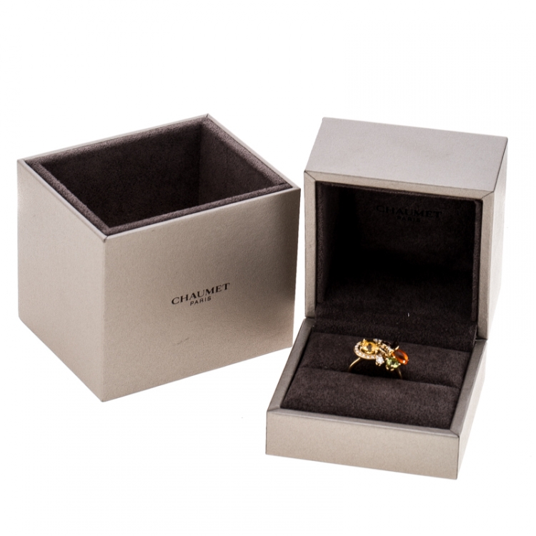 Pre Owned Chaumet Attrape Moi Multicolor Gemstones & Diamond 18k Yellow Gold Ring Size 50