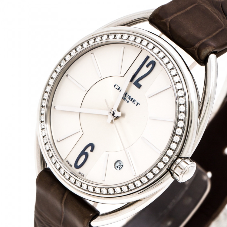 Pre Owned Chaumet Silver Stainless Steel Diamond Liens De Chaumet Women's Wristwatch 33 mm