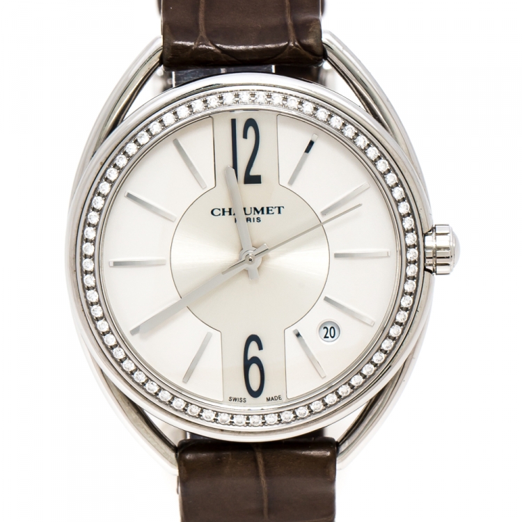 Pre Owned Chaumet Silver Stainless Steel Diamond Liens De Chaumet Women's Wristwatch 33 mm