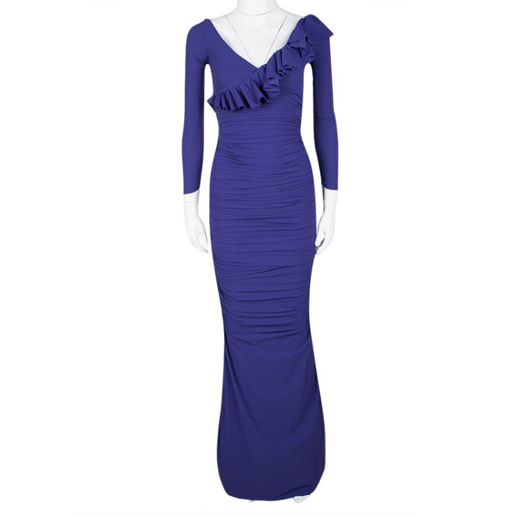 Pre Owned La Petite Robe Di Chiara Boni Purple Ruffle Detail Ruched Long Sleeve Maxi Dress S
