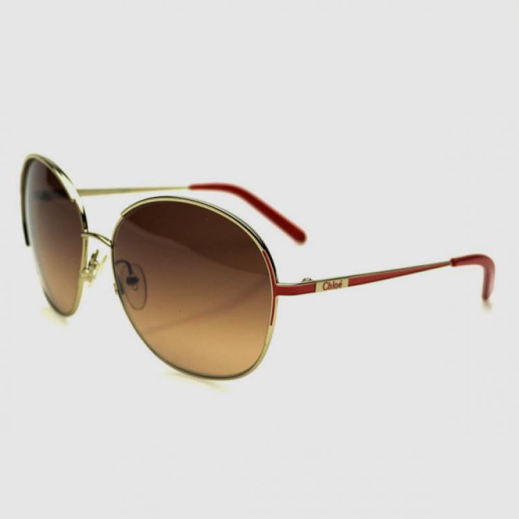 Pre Owned Chloé Gold Red CE104S Round Womens Sunglasses