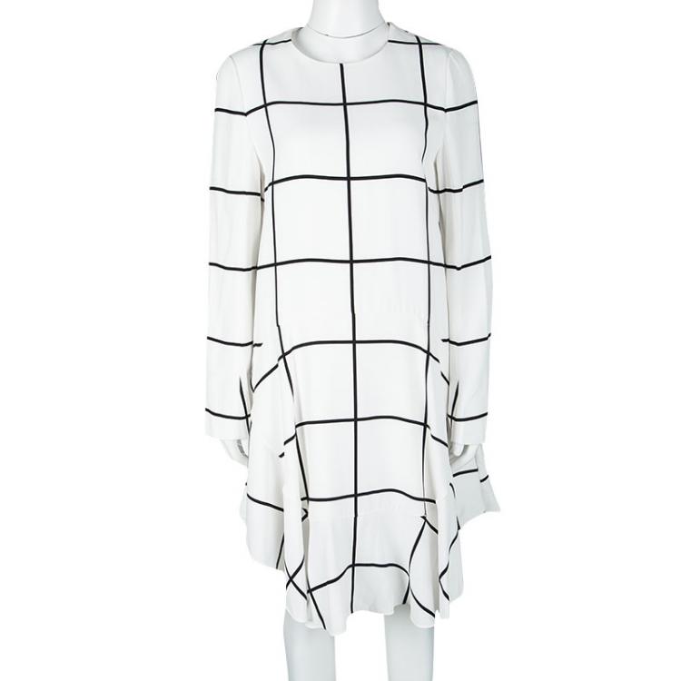 Pre Owned Chloe Monochrome Checked Crepe Ruffled Bottom Long Sleeve Dress M