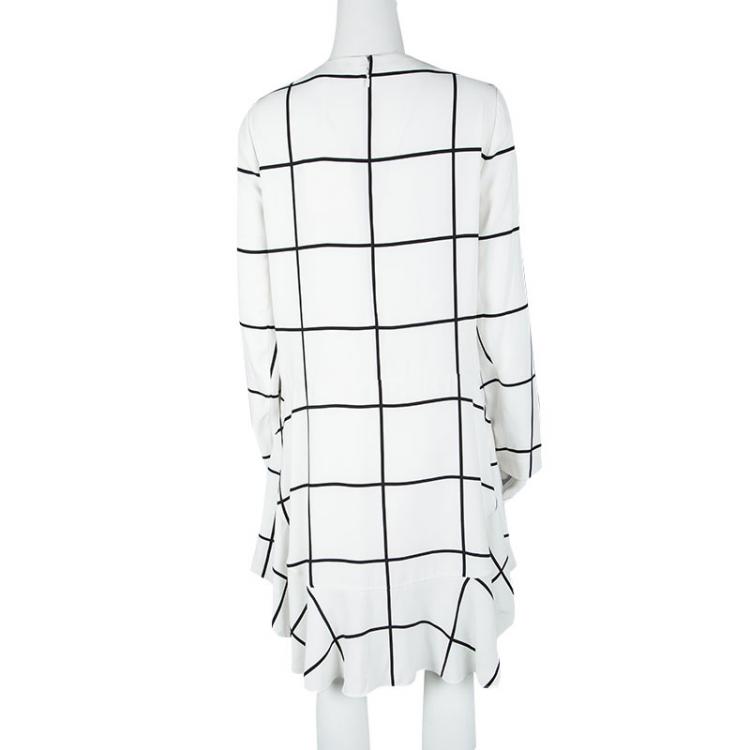 Pre Owned Chloe Monochrome Checked Crepe Ruffled Bottom Long Sleeve Dress M