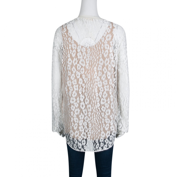 Pre Owned Chloe White Contrast Lined Long Sleeve Floral Lace Top L