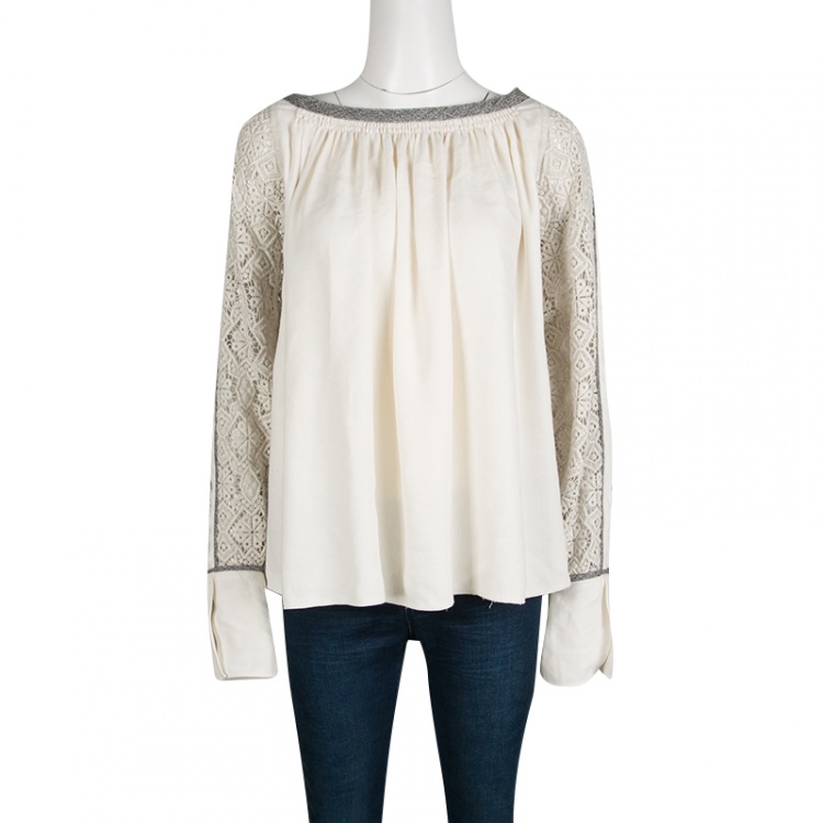 مملوكة مسبقًا Chloe Cream Contrast Trim Guipure Lace Detail Long Sleeve Blouse M