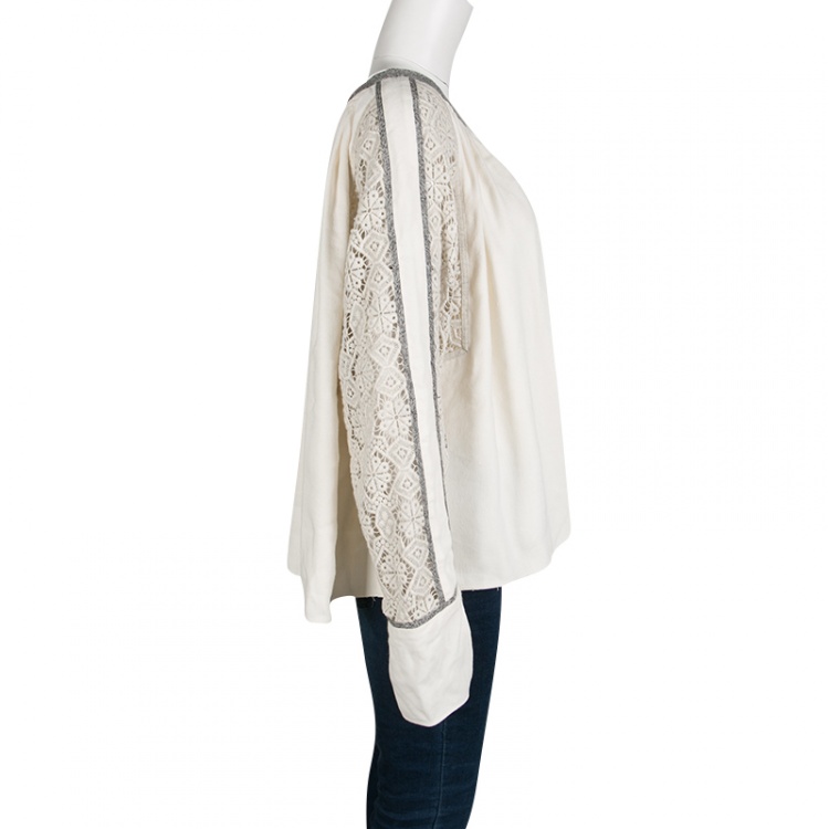 مملوكة مسبقًا Chloe Cream Contrast Trim Guipure Lace Detail Long Sleeve Blouse M