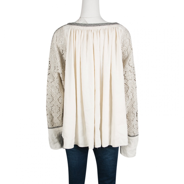مملوكة مسبقًا Chloe Cream Contrast Trim Guipure Lace Detail Long Sleeve Blouse M