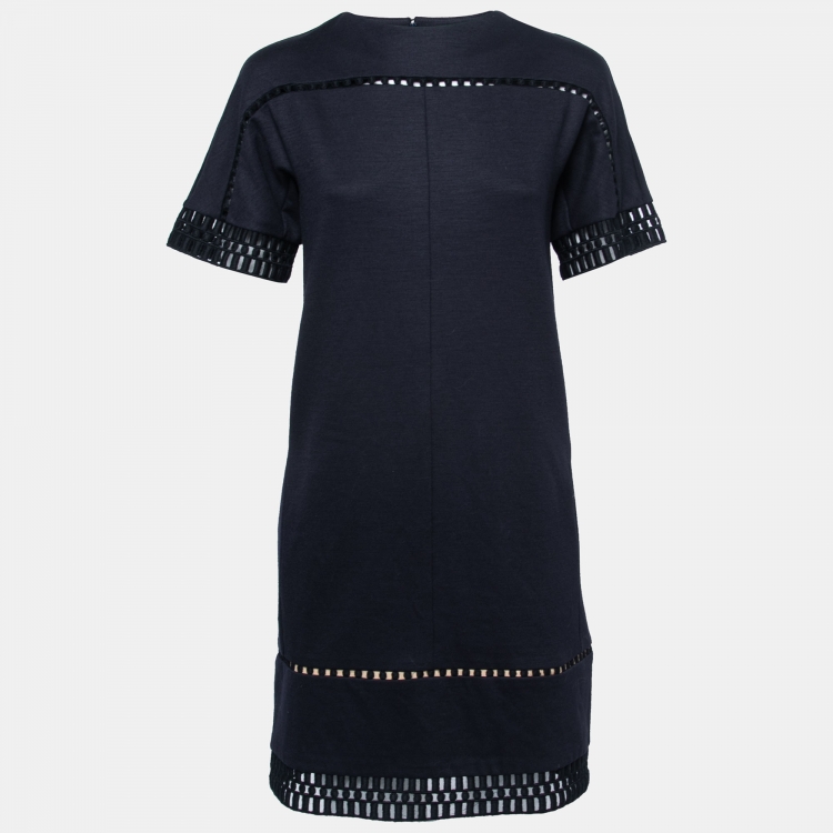Pre Owned Chloé Navy Blue Stretch Wool Lace Detail Shift Dress XS