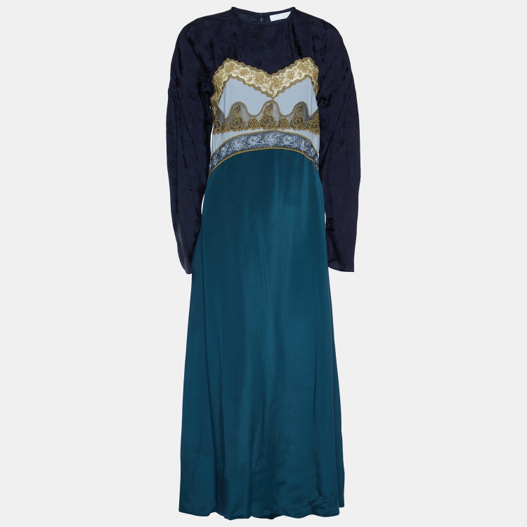 Pre Owned Chloe Blue Lace Trim Jacquard and Crepe Maxi Dress M