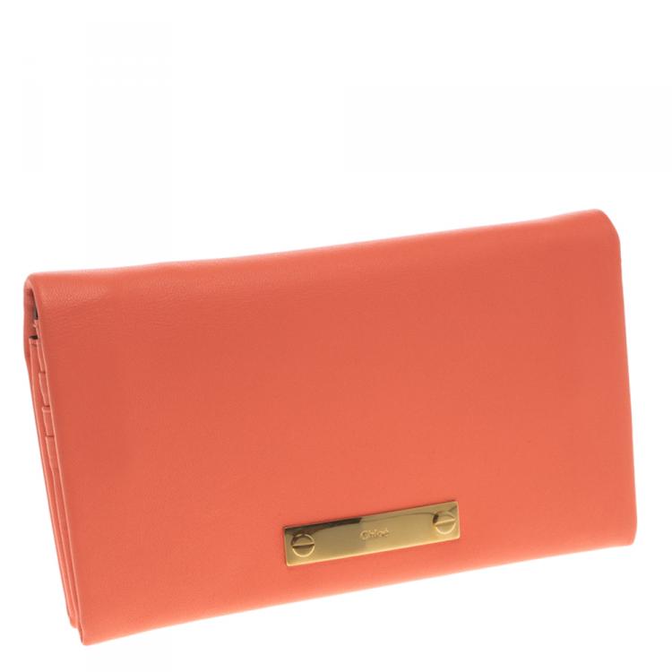 Pre Owned Chloe Orange Leather Long Fold Over Flap Wallet