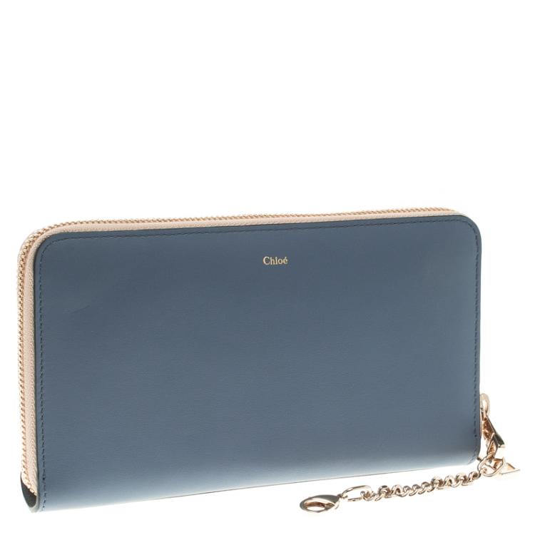 Pre Owned Chloe Stone Blue Leather Baylee Zip Around Wallet