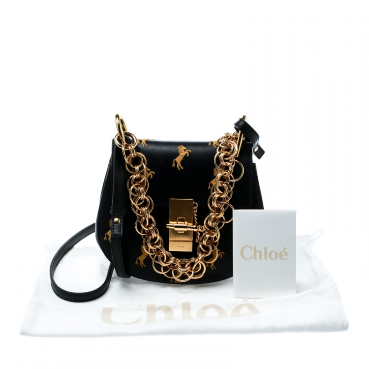 Pre Owned Chloe Black Bijou Embroidered Little Horses Leather Small Drew Crossbody Bag