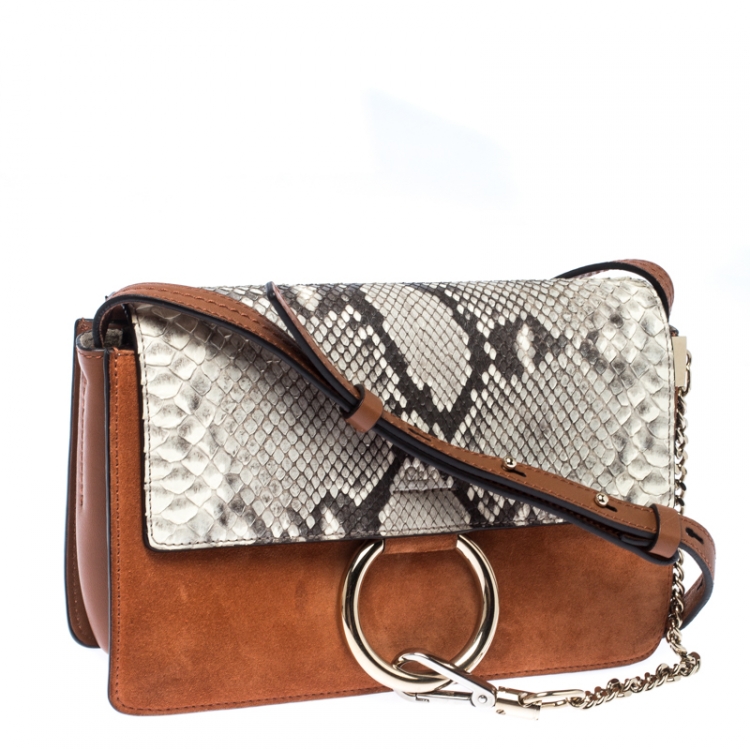 Pre Owned Chloe Brown/Beige Suede, Leather and Python Small Faye Shoulder Bag