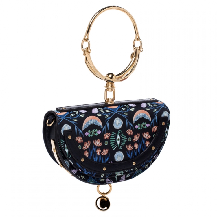 Pre Owned Chloe Black Floral Print Leather Small Nile Bracelet Minaudiere Crossbody Bag 