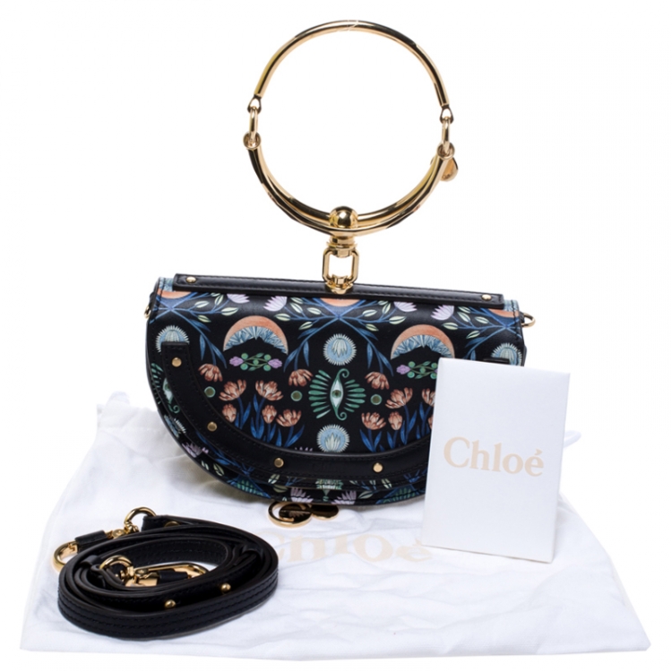 Pre Owned Chloe Black Floral Print Leather Small Nile Bracelet Minaudiere Crossbody Bag 