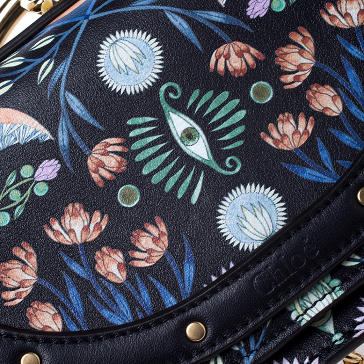 Pre Owned Chloe Black Floral Print Leather Small Nile Bracelet Minaudiere Crossbody Bag 