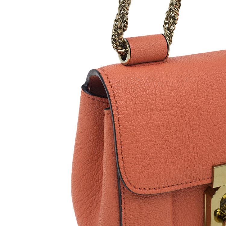 Pre Owned Chloe Peach Leather Mini Elsie Crossbody Bag