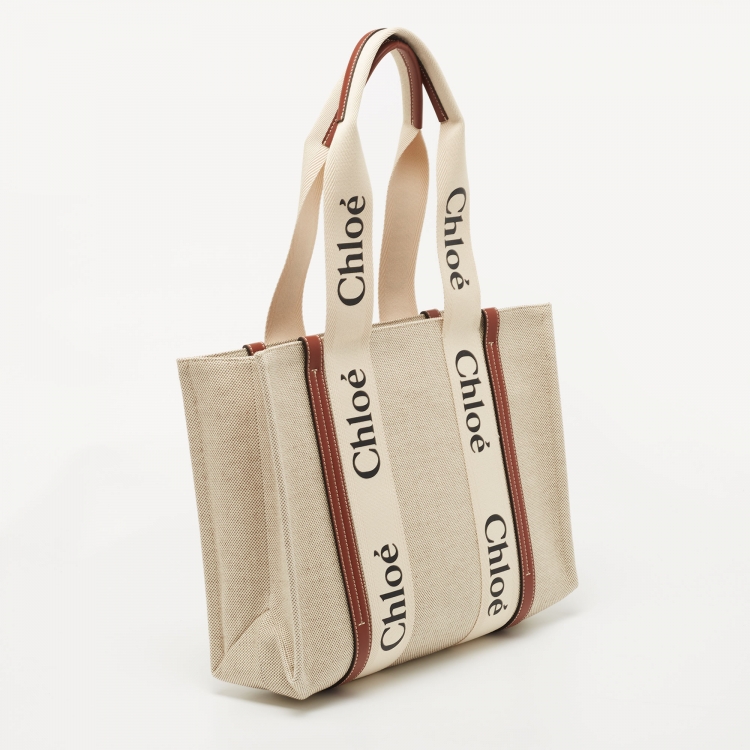 Pre Owned Chloe Beige Canvas Medium Woody Shopper Tote
