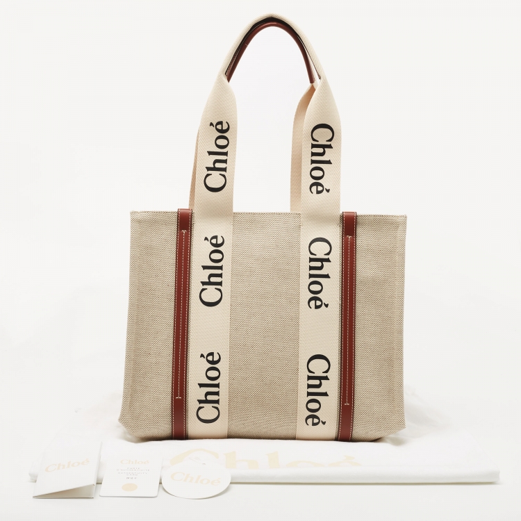 Pre Owned Chloe Beige Canvas Medium Woody Shopper Tote