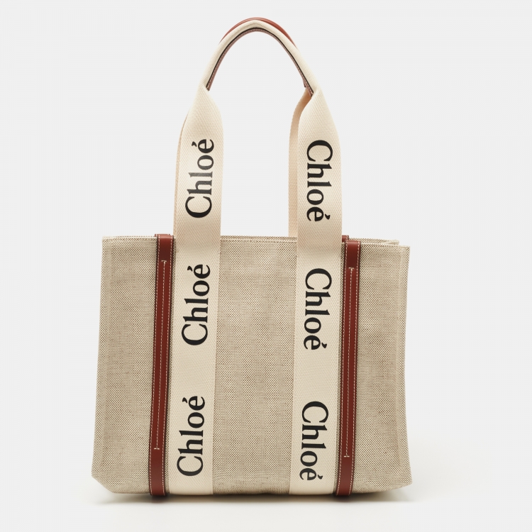 Pre Owned Chloe Beige Canvas Medium Woody Shopper Tote