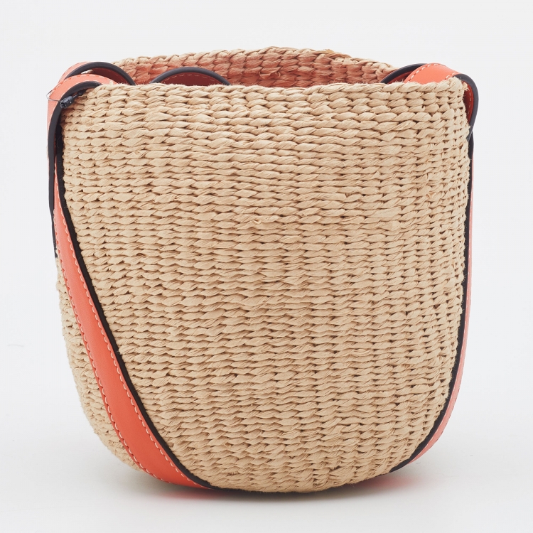 Pre Owned Chloe x Mifuku Orange/Beige Raffia and Leather Small Basket Bag