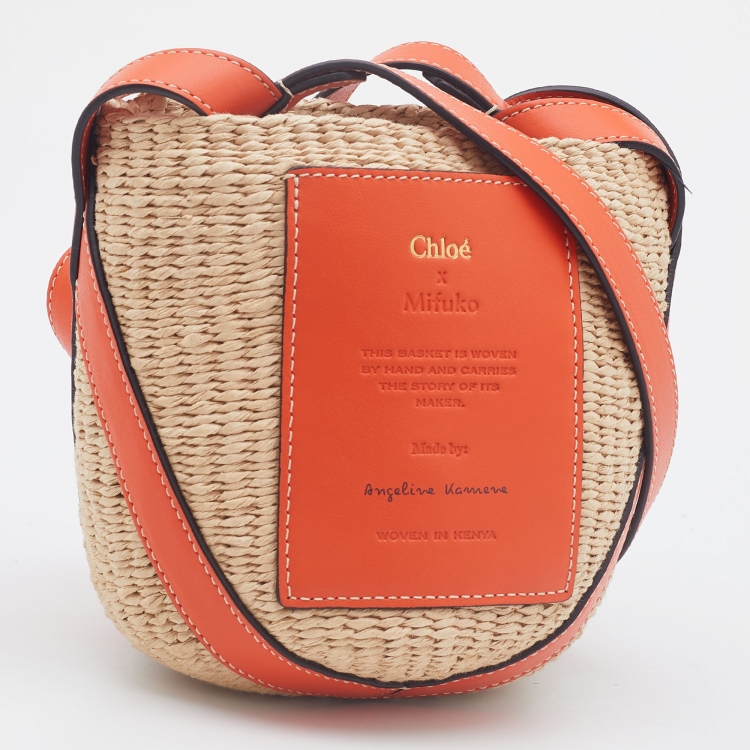 Pre Owned Chloe x Mifuku Orange/Beige Raffia and Leather Small Basket Bag