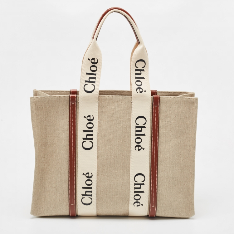 Pre Owned Chloe Beige/Brown Canvas and Leather Large Woody Tote